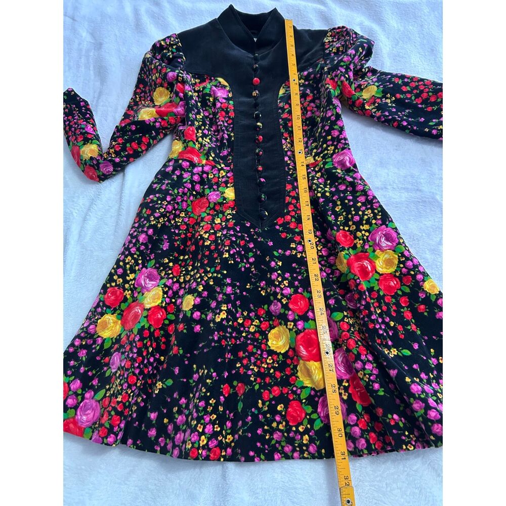 Vintage 70s Orphee Paris Floral Velvet Mini Dress XS Black French Mod Psych - Picture 16 of 16
